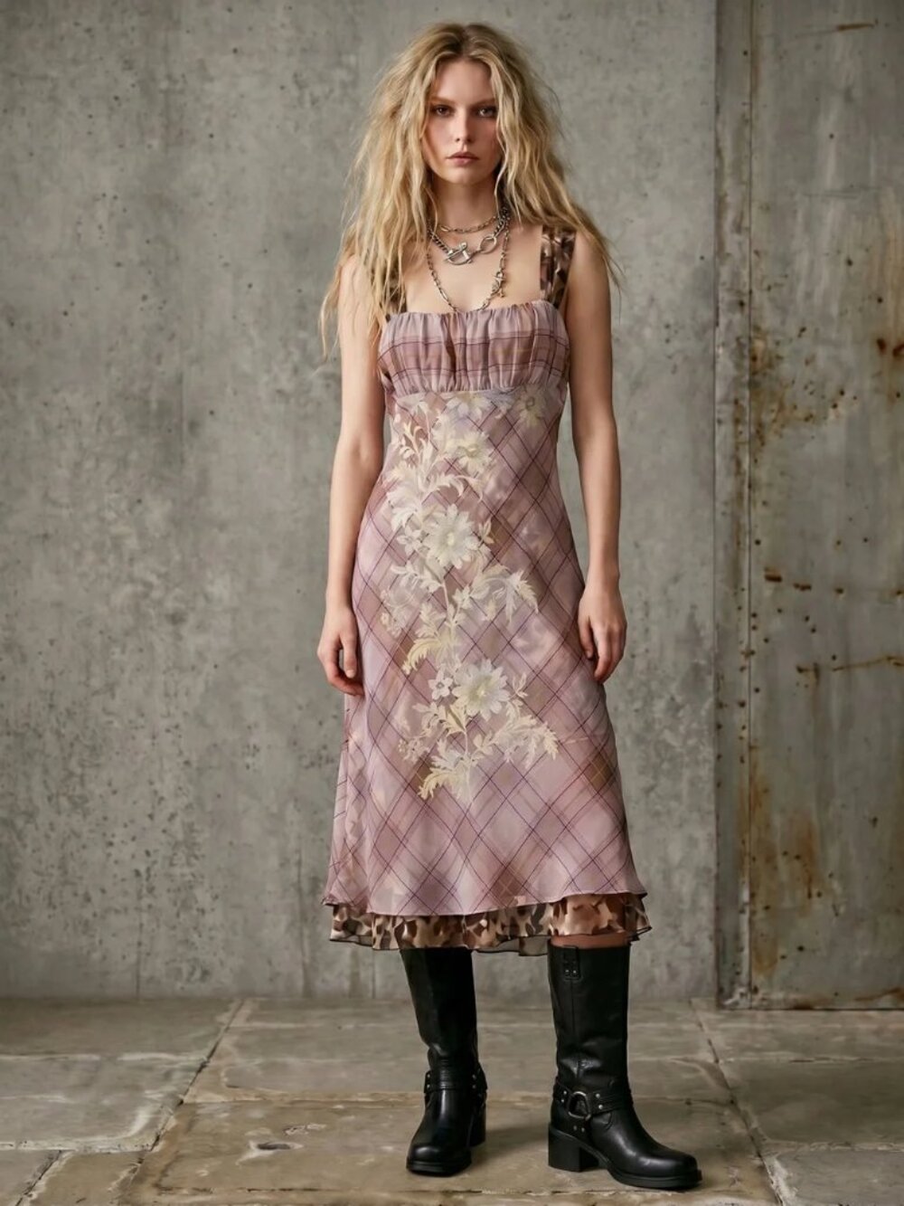 FREE PEOPLE Morning Dew Dress Midi Chiffon Plaid Floral Slip Summer Party Small